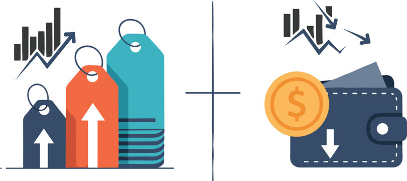Inflation infographic with rising prices and decreasing wallet value, economic trend concept, flat vector illustration for finance and personal budgeting design
