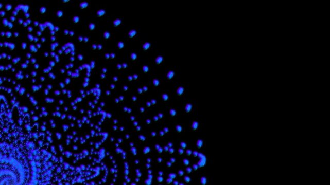 Close up of a wolf figure composed of luminous blue particles surrounded by circular dotted light trails on black background symbolizing strength technology and digital transformation