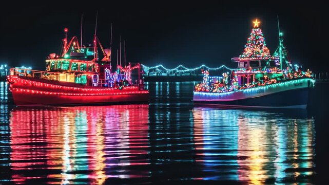 Two fishing boats decorated with colorful christmas lights float on water at night