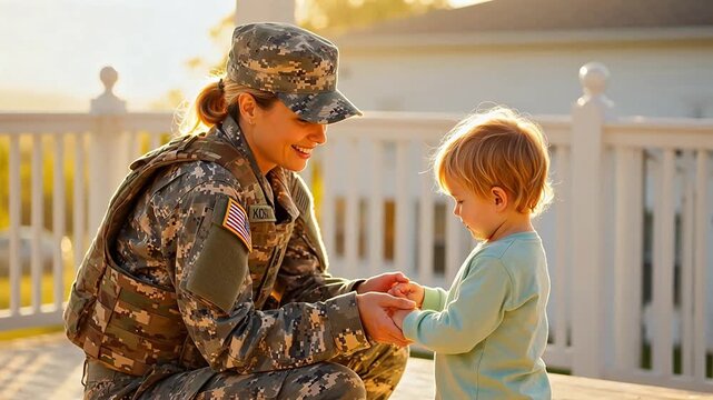 Soldier with child on porch