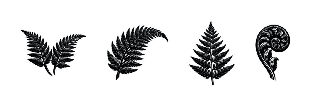 Fern flat vector icons set. leaf silhouettes and botanical fronds. nature and plant collection