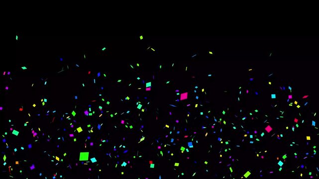 Colourful Confetti party popper explosions on a black screen background, 3D animation of exploding confetti, 4K confetti blast realistic on transparent background overlay