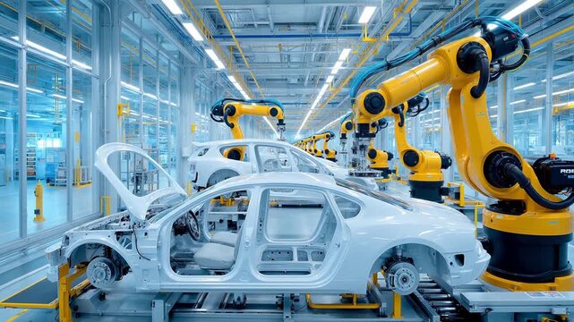 Car assembly line with robotic arms