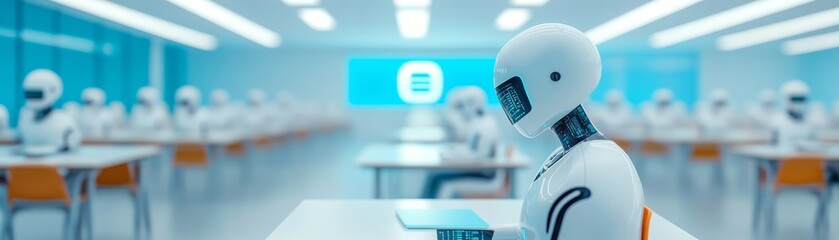 Robots in Classroom AI learning with futuristic tech in a modern, bright school environment. ,AI,Robotics