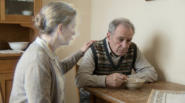 Glitch Woman comforting sad elderly dementia man at home