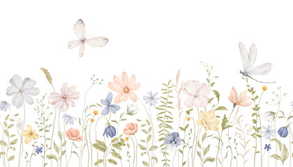 Watercolor seamless border with delicate flying butterfly, dragonfly and colored wildflowers. Perfect isolated pattern for wallpaper, cover, invitation or greeting cards, tendre background. © Nikole