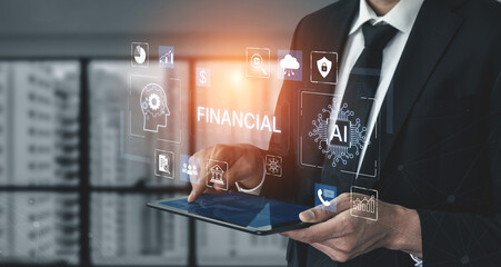 Obraz premium Financial AI analytics supports investment decisions, forecasting and risk management, combining secure automation, compliance monitoring and data insights for global finance teams. Corpus