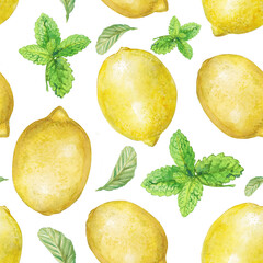 watercolor pattern, lemon pattern, seamless pattern, lemons, citrus, lemon fruit, mint leaves, mint, botanical pattern, watercolor botanical, hand painted, food illustration, summer pattern, fresh, ki © Nadya Severyanka