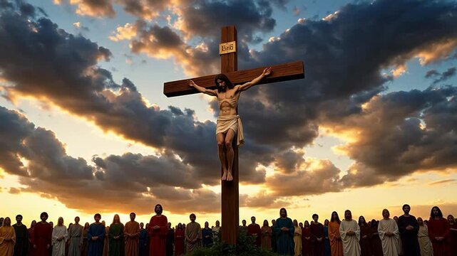 Jesus on cross with crowd at sunset