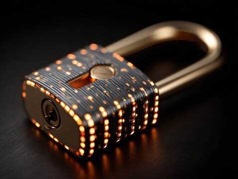 cyber security padlock with light accents isolated on a black background
