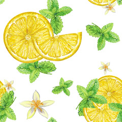 watercolor pattern, lemon pattern, seamless pattern, lemons, citrus, lemon fruit, mint leaves, mint, botanical pattern, watercolor botanical, hand painted, food illustration, summer pattern, fresh, ki © Nadya Severyanka