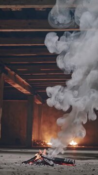 Warm smoked wood beams emit gentle vapor, Amber light flickers over slow smoldering fire within barn structure, Soft illumination reveals smoky tendrils curling above coals and aged timber beams