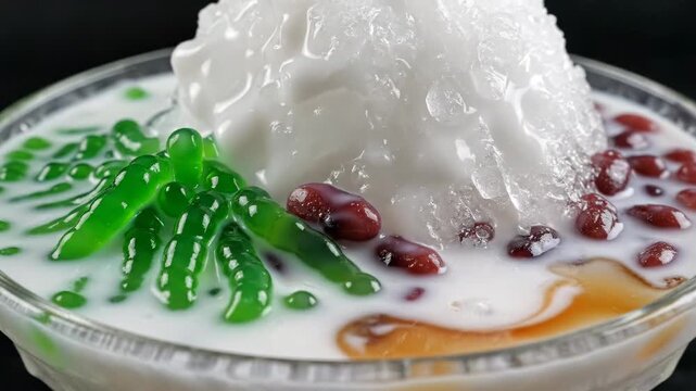 Indonesian Cendol dessert with coconut milk pouring over shaved ice 4K Video