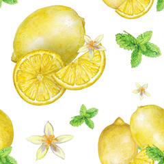 watercolor pattern, lemon pattern, seamless pattern, lemons, citrus, lemon fruit, mint leaves, mint, botanical pattern, watercolor botanical, hand painted, food illustration, summer pattern, fresh, ki © Nadya Severyanka