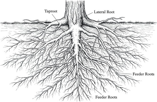 Detailed black and white illustration diagram showing the intricate anatomy of a typical tree root system including the taproot lateral roots and fine feeder roots below ground.