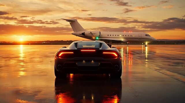 Sports car and private jet at sunset