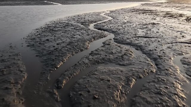 Gentle ebb tide reveals intricate patterns etched into wet mudflats