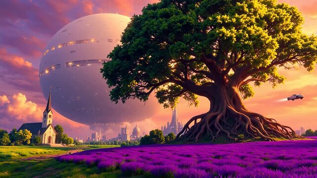 Futuristic sphere over tree and church