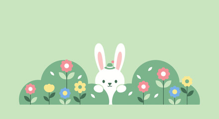 Fototapeta premium A Cheerful Rabbit Peeking From Floriferous Foliage Amidst A Verdant Meadow Scene