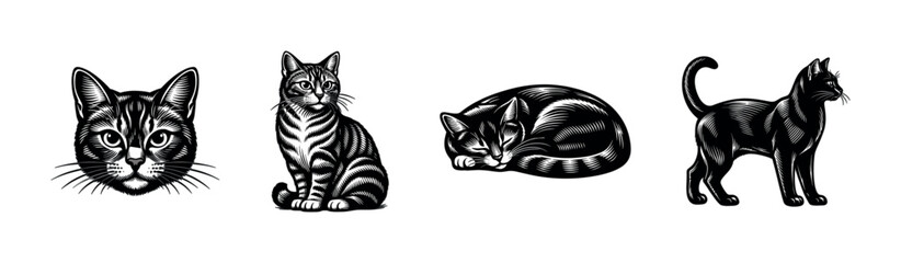 Flat vector icons set: cat silhouettes in vintage style - feline illustrations collection