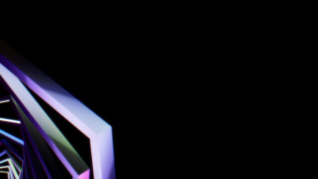 Vibrant glowing hexagon frames forming a dynamic vortex tunnel on black background with rainbow gradient edges and strong depth perspective in futuristic style