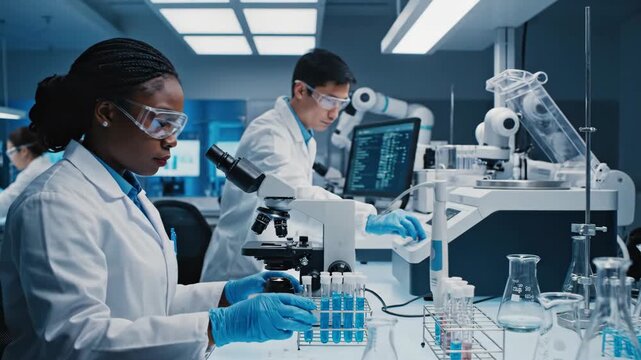 scientists working together in laboratory setting conducting experiments and research with various equipment and instruments in modern lab