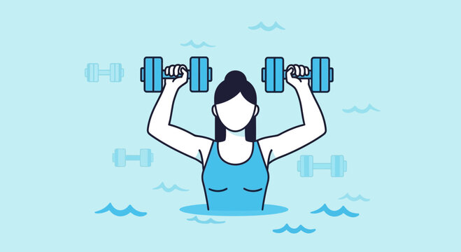 Active Woman Lifting Dumbbells In Water For Aquatic Fitness Routine