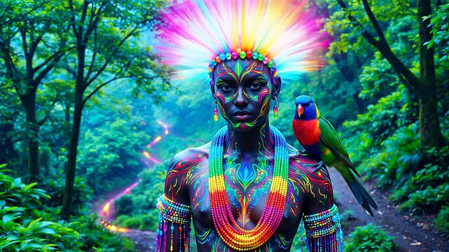 Colorfully painted person with bird in forest