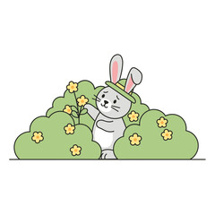 Fototapeta premium Adorable Bunny Discovering Small Flowers Amongst Lush Green Bushes