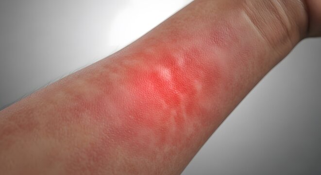 Close-up of severe skin allergy and red inflammation on arm. Detailed view of painful rash caused by insect sting or contact dermatitis. Ideal for medical and der