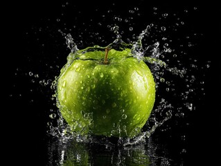 green apple with water splash isolated on a black background