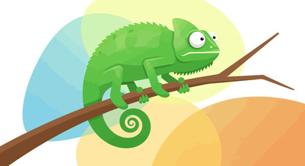 Fototapeta premium A Curious Green Chameleon Perched Upon A Branch With Playful Background Colors