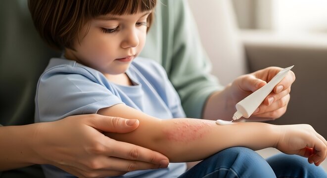 allergy on the hand in a child, rash and redness, atopic dermatitis, women's hands apply ointment and cream to eczema areas