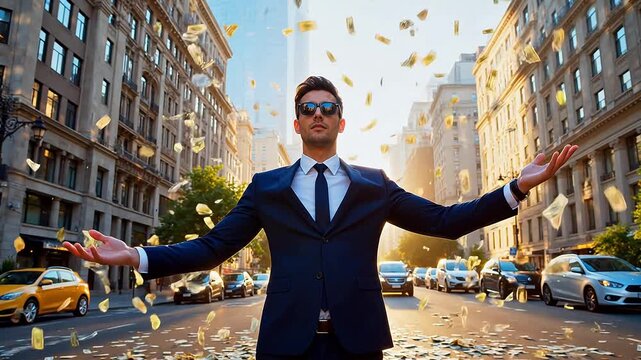 Man in suit with money falling around