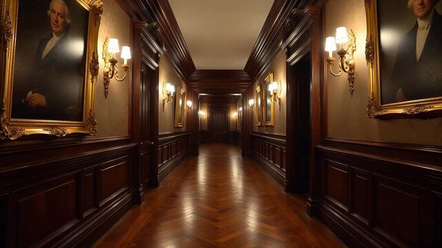Long hallway with wooden floors and framed portraits