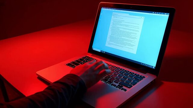 Person typing on laptop in red light