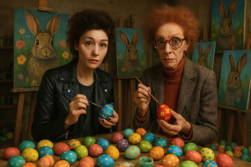 Zwei Frauen sitzen an einem Tisch und bemalen Ostereier. Hintergrund mit Osterhasenbildern