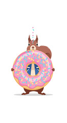 Adorable Squirrel Holds Giant Pink Frosted Donut with Sprinkles