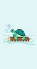 Fototapeta premium Adorable Turtle Resting On A Floating Log In Gentle Water Ripples