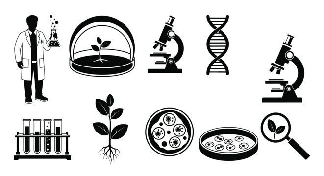 Scientific research icons depicting biology genetics and laboratory work