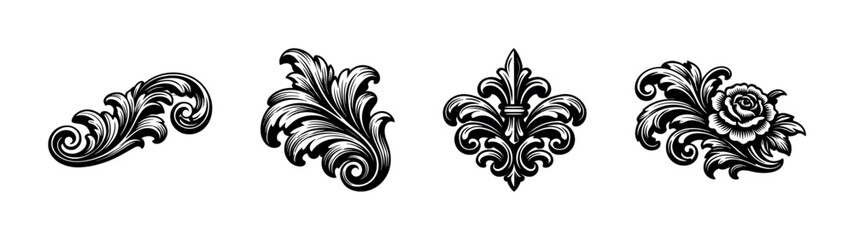 Decorative ornament flat vector icons set: vintage floral and baroque elements collection
