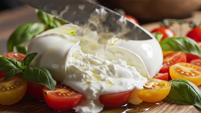 Knife cutting through fresh creamy burrata cheese on wooden board 4K Video