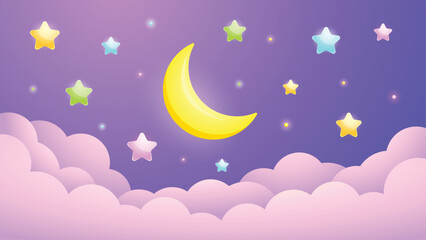 Cute vector illustration of a night sky with colorful stars, moon, and soft clouds. Adorable  lullaby artwork for children