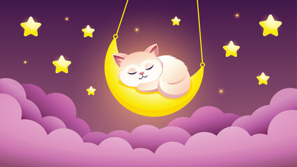 Cute vector illustration of a sleeping cat on the moon under a starry night sky. Adorable lullaby-themed image for children