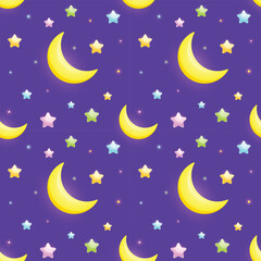 Seamless pattern of a cute night sky with colorful stars and a crescent moon. Adorable lullaby illustration for children, for nursery design, baby textiles, or kids&rsquo; products.