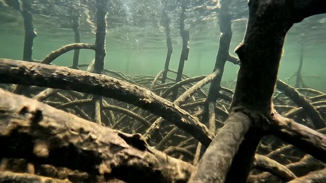 Underwater view of intricate mangrove roots with bubbles rising to the surface