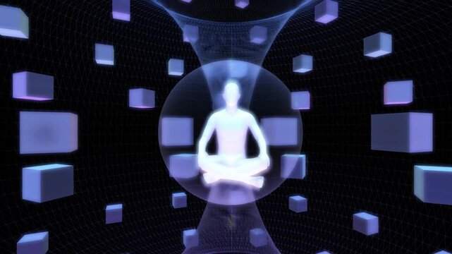 Glowing human silhouette meditating inside a transparent sphere surrounded by floating cubes and wireframe grid suggesting virtual reality mindfulness and digital consciousness