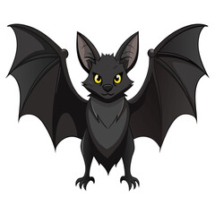 Obraz premium Cute cartoon illustration of a funny black cat with bat wings flying on a broom through a dark Halloween night under a vampire moon vector design