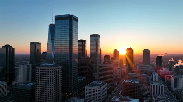 Downtown cityscape with majestic skyscrapers and vibrant sunrise creating a stunning urban landscape scenery beauty at morning time