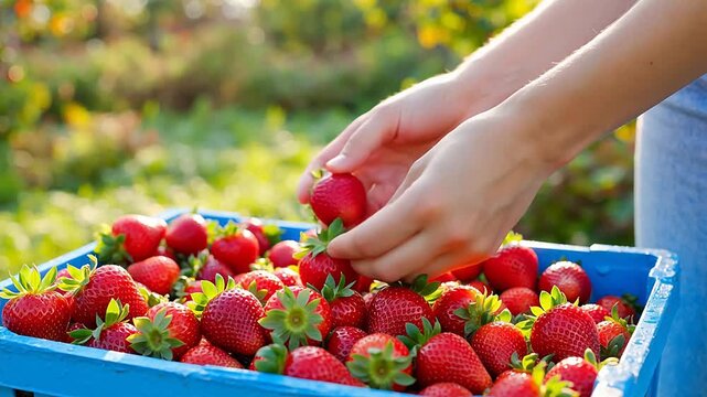 Person picking strawberries in blue container